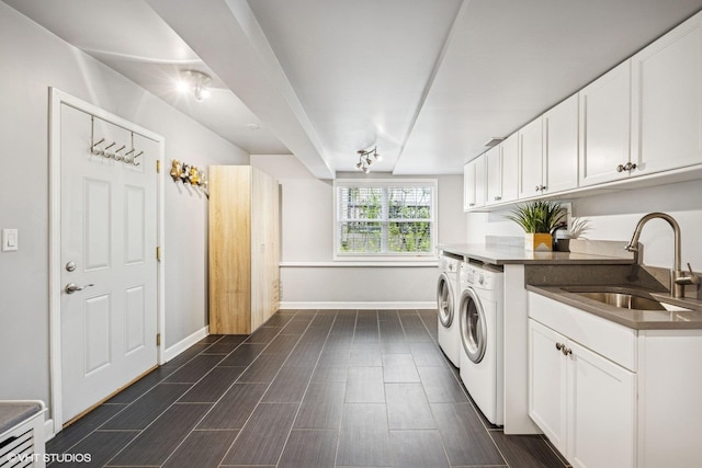 701 N Coolidge Ave, Palatine, IL 60067 - laundry area featuring washer and clothes dryer, baseboards, dark wood-style floors, and cabinet space