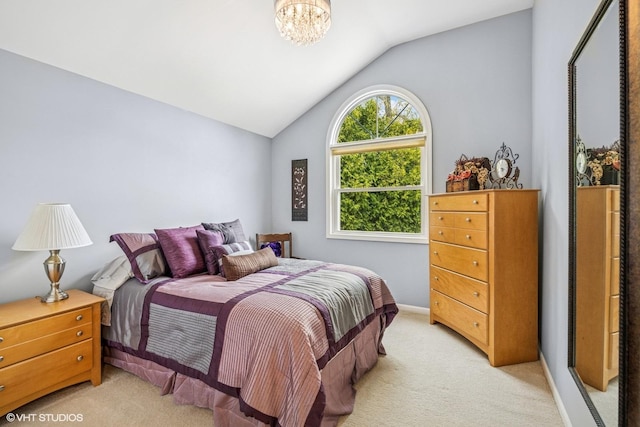 701 N Coolidge Ave, Palatine, IL 60067 - bedroom featuring light colored carpet, vaulted ceiling, and a chandelier