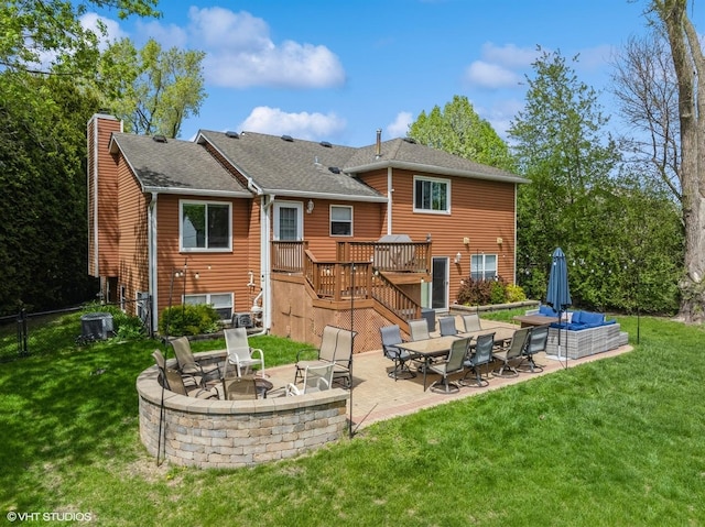 701 N Coolidge Ave, Palatine, IL 60067 - rear view of property with a fire pit, a patio, a chimney, cooling unit, and a wooden deck