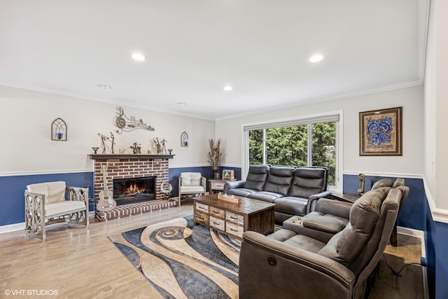 701 N Coolidge Ave, Palatine, IL 60067 - living area with wood finished floors, ornamental molding, recessed lighting, a fireplace, and baseboards