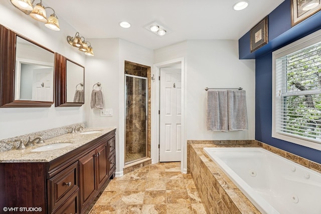 701 N Coolidge Ave, Palatine, IL 60067 - bathroom with a whirlpool tub, a shower stall, double vanity, and recessed lighting