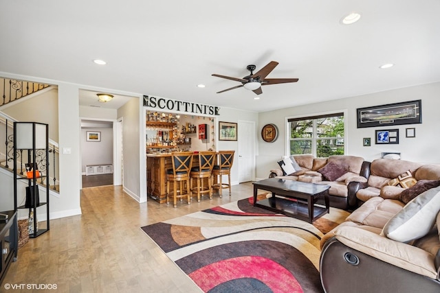701 N Coolidge Ave, Palatine, IL 60067 - living room featuring a dry bar, ceiling fan, recessed lighting, and wood finished floors