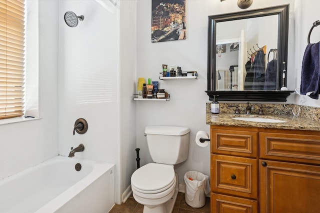 bathroom with tile patterned floors, toilet, vanity, and shower / tub combination