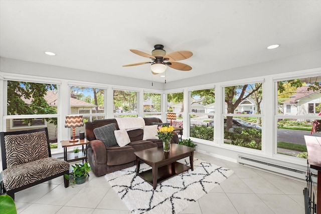 sunroom / solarium with tile patterned floors, ceiling fan, a baseboard heating unit, an outdoor living space, and recessed lighting