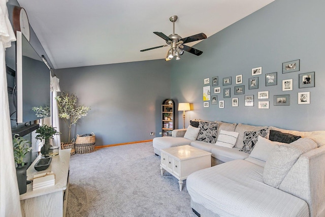 10134 Ashley St, Huntley, IL 60142 - carpeted living area with ceiling fan, high vaulted ceiling, and baseboards