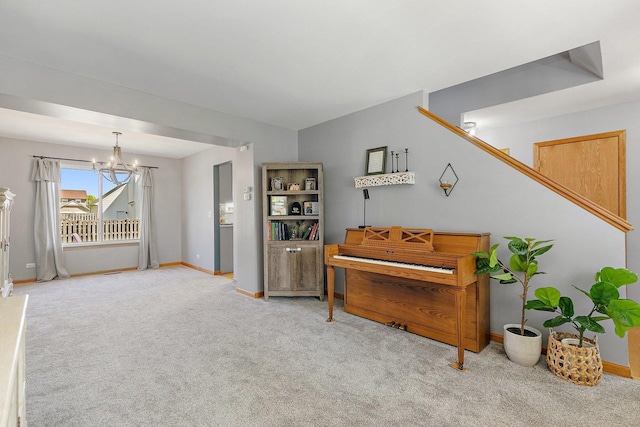 10134 Ashley St, Huntley, IL 60142 - living area with a chandelier, carpet floors, and baseboards