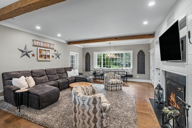 living room with recessed lighting, ornamental molding, and dark wood-style floors