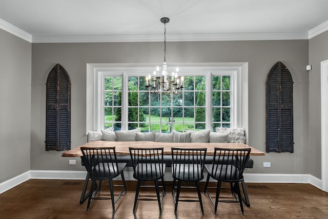 dining space with ornamental molding, breakfast area, dark wood finished floors, and baseboards