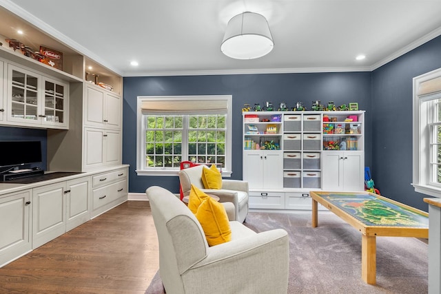 playroom featuring baseboards, ornamental molding, and recessed lighting