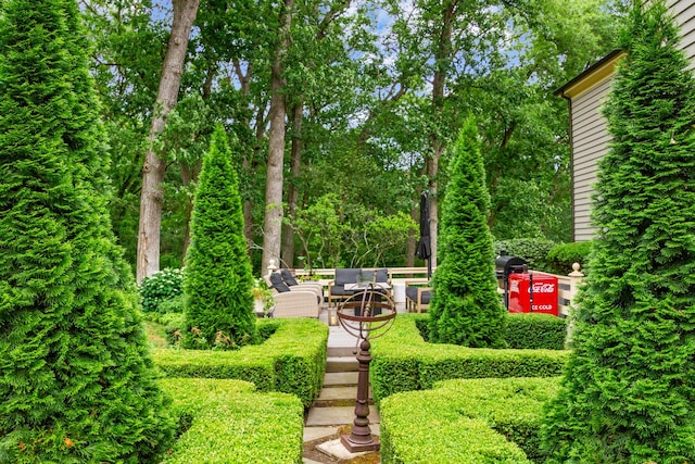 view of yard with an outdoor living space and a patio area