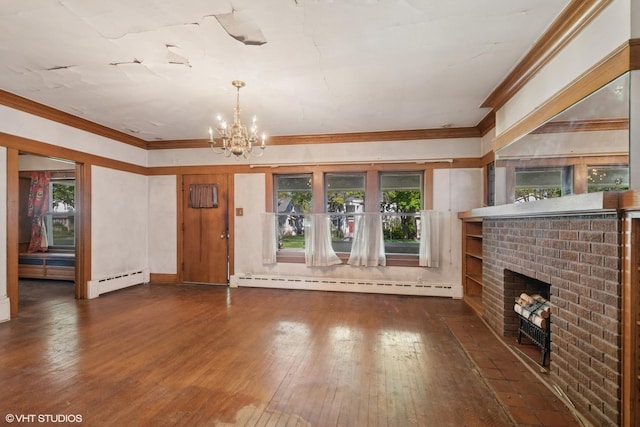 unfurnished living room with a baseboard heating unit, a notable chandelier, ornamental molding, and hardwood / wood-style flooring