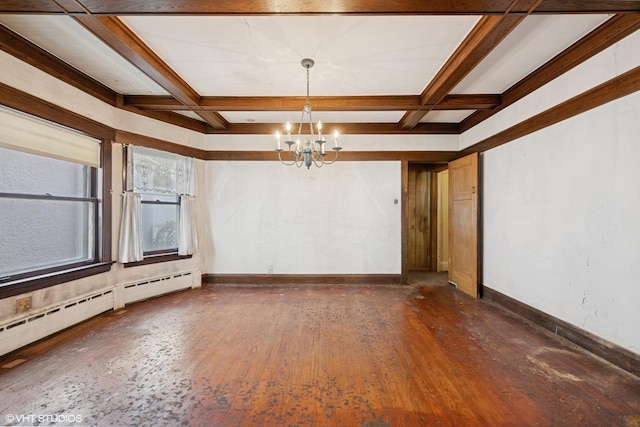 unfurnished room featuring a notable chandelier, baseboard heating, coffered ceiling, dark wood-type flooring, and beamed ceiling