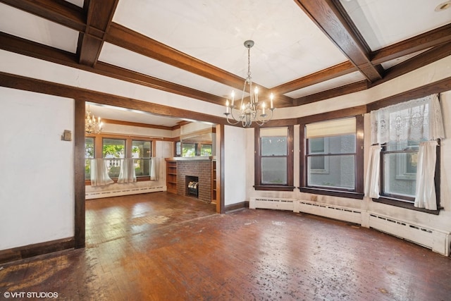 unfurnished living room featuring beamed ceiling, a notable chandelier, a baseboard radiator, and coffered ceiling