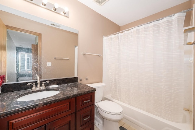bathroom featuring visible vents, shower / tub combo with curtain, toilet, and vanity