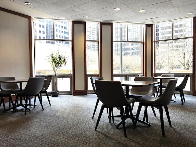 carpeted dining room featuring expansive windows