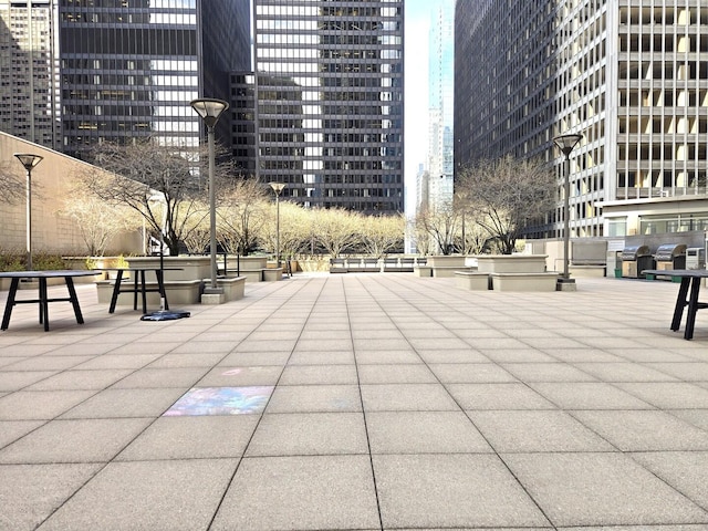 view of community featuring a view of city and a patio area