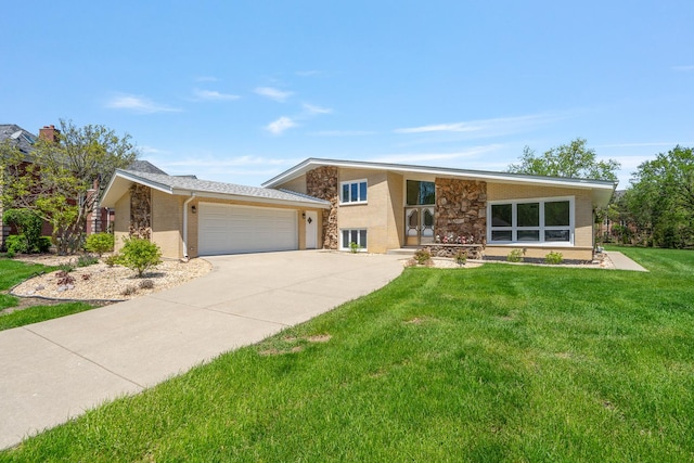 13001 S Westgate Dr, Palos Heights, IL 60463 - view of front facade with a garage, concrete driveway, a front yard, stone siding, and brick siding