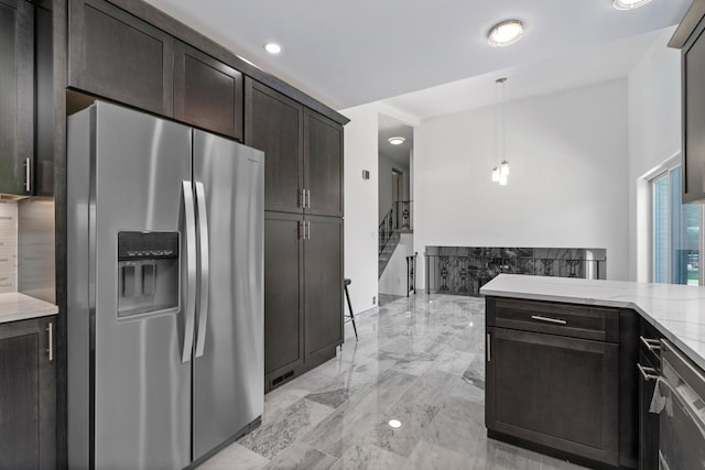 13001 S Westgate Dr, Palos Heights, IL 60463 - kitchen with stainless steel fridge with ice dispenser, dark brown cabinetry, pendant lighting, light stone counters, and light marble finish flooring