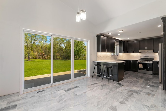 13001 S Westgate Dr, Palos Heights, IL 60463 - kitchen with appliances with stainless steel finishes, light countertops, under cabinet range hood, a peninsula, and decorative backsplash