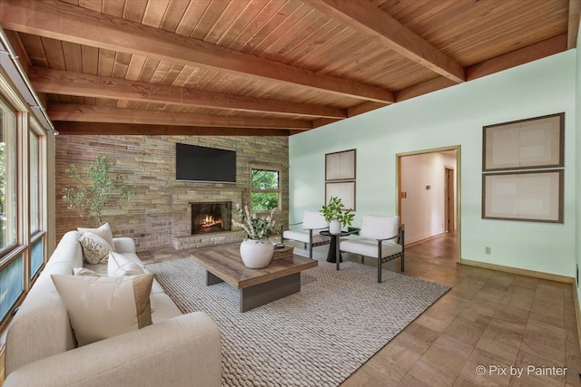 5010 Shady Oaks Ln, Crystal Lake, IL 60012 - living area with a wooden ceiling with exposed beams and a stone fireplace