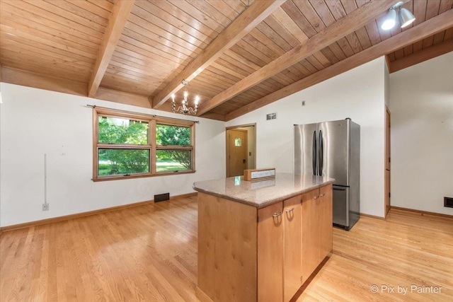 5010 Shady Oaks Ln, Crystal Lake, IL 60012 - kitchen featuring freestanding refrigerator, a center island, light wood-style flooring, a chandelier, and wood ceiling