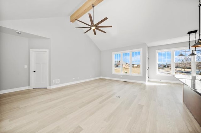 unfurnished living room featuring baseboards, vaulted ceiling with beams, a ceiling fan, and light wood-type flooring