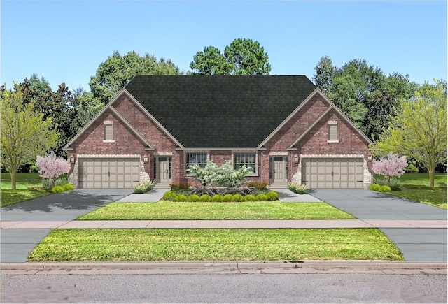 view of front of house with brick siding, an attached garage, driveway, and a front yard