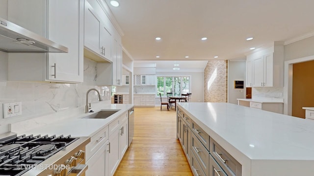 8980 N Enclave Dr, Burr Ridge, IL 60527 - kitchen featuring range hood, a sink, light wood finished floors, recessed lighting, and white cabinetry