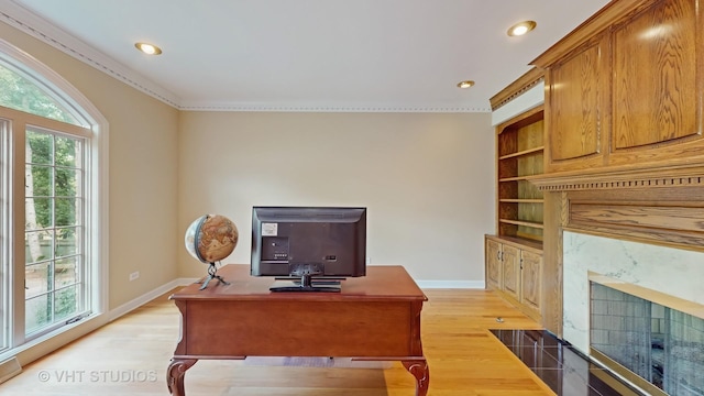 8980 N Enclave Dr, Burr Ridge, IL 60527 - office space featuring light wood finished floors, built in shelves, a fireplace, baseboards, and ornamental molding