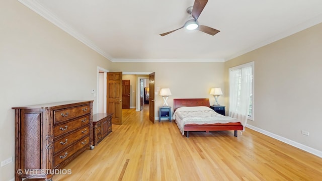 8980 N Enclave Dr, Burr Ridge, IL 60527 - bedroom with light wood-type flooring, ornamental molding, baseboards, and a ceiling fan