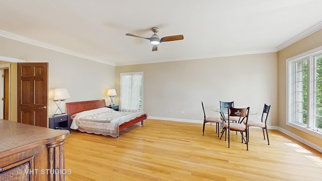 8980 N Enclave Dr, Burr Ridge, IL 60527 - bedroom with light wood-style flooring, ornamental molding, baseboards, and ceiling fan