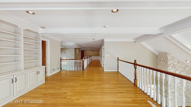 8980 N Enclave Dr, Burr Ridge, IL 60527 - corridor featuring an upstairs landing, light wood-style flooring, recessed lighting, beam ceiling, and baseboards