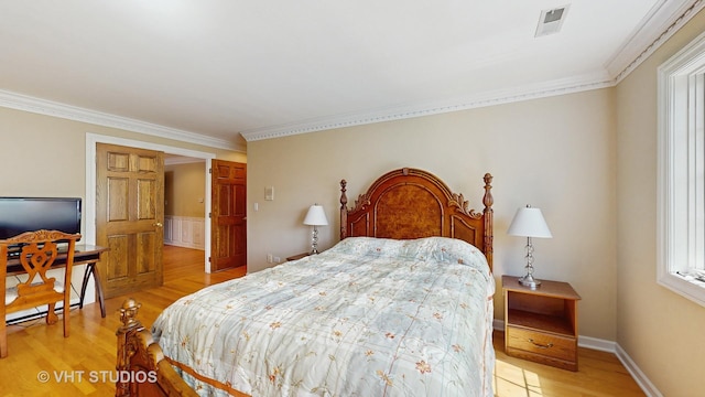 8980 N Enclave Dr, Burr Ridge, IL 60527 - bedroom with light wood-style floors and ornamental molding