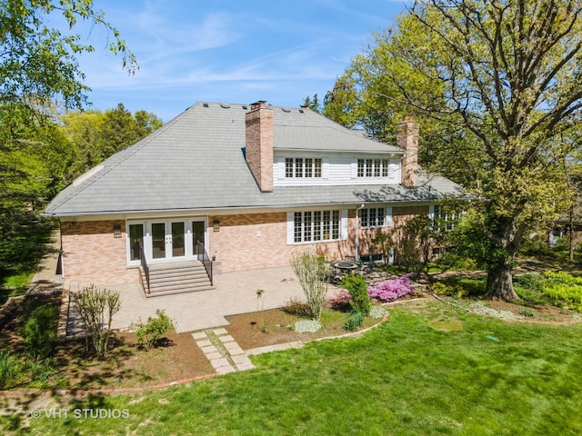 8980 N Enclave Dr, Burr Ridge, IL 60527 - back of property featuring a chimney, french doors, a patio, a yard, and brick siding