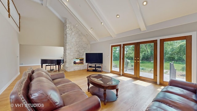 8980 N Enclave Dr, Burr Ridge, IL 60527 - living area featuring french doors, wood finished floors, beamed ceiling, baseboards, and high vaulted ceiling