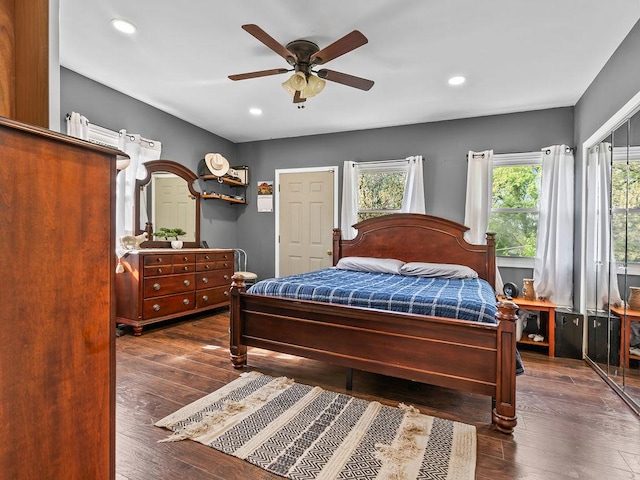 bedroom featuring dark wood-style flooring, recessed lighting, and ceiling fan