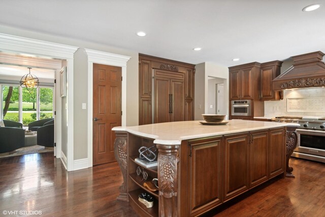 5632 Oakwood Cir, Long Grove, IL 60047 - kitchen featuring high quality appliances, custom exhaust hood, a kitchen island, light countertops, and dark wood finished floors
