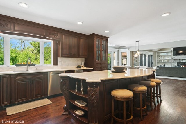 5632 Oakwood Cir, Long Grove, IL 60047 - kitchen featuring dishwasher, a sink, dark wood-style flooring, plenty of natural light, and recessed lighting