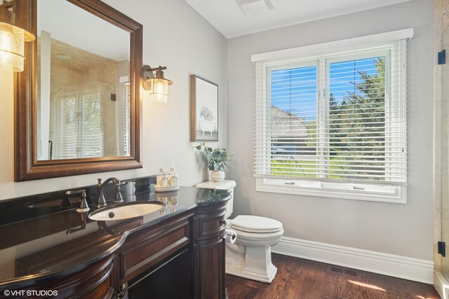 5632 Oakwood Cir, Long Grove, IL 60047 - full bathroom featuring baseboards, a shower with door, wood finished floors, vanity, and toilet