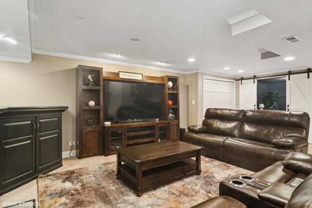 5632 Oakwood Cir, Long Grove, IL 60047 - living room featuring ornamental molding, a barn door, and recessed lighting