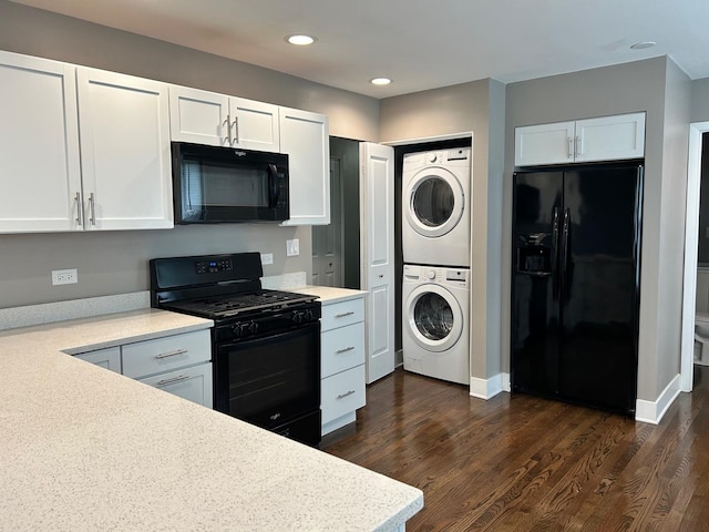 607 W Maude Ave, Arlington Heights, IL 60004 - kitchen with black appliances, stacked washer / dryer, light countertops, white cabinets, and recessed lighting