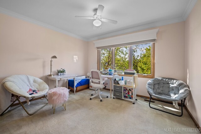 office area with carpet floors, crown molding, a ceiling fan, and baseboards