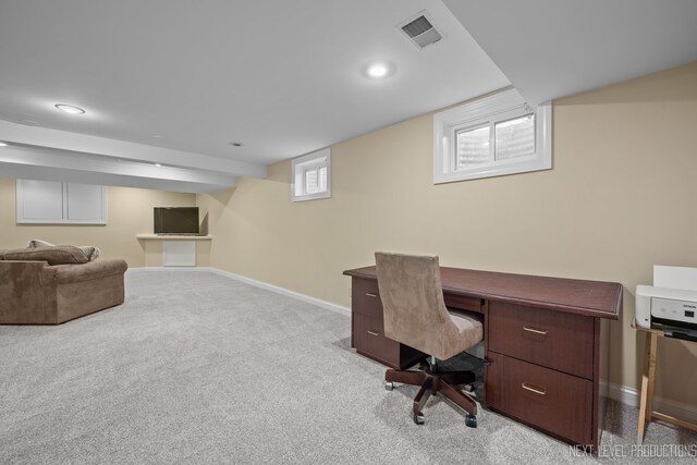 office area with carpet, baseboards, and recessed lighting