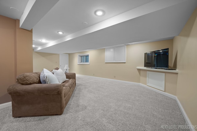living area with carpet flooring, baseboards, and recessed lighting