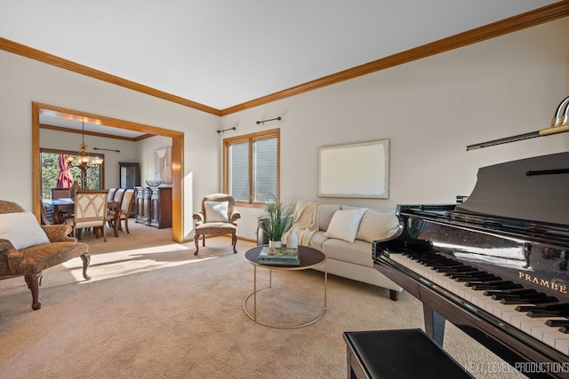 living area featuring light colored carpet, a chandelier, and ornamental molding