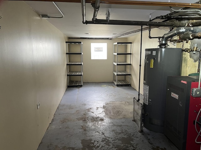 below grade area with water heater and a heating unit