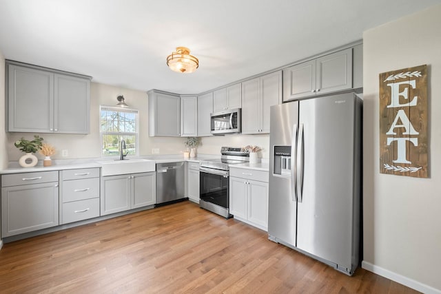 112 E Page St, Elkhorn, WI 53121 - kitchen featuring gray cabinetry, appliances with stainless steel finishes, light wood-style flooring, and a sink