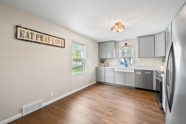 112 E Page St, Elkhorn, WI 53121 - kitchen with plenty of natural light, gray cabinets, stainless steel appliances, and visible vents