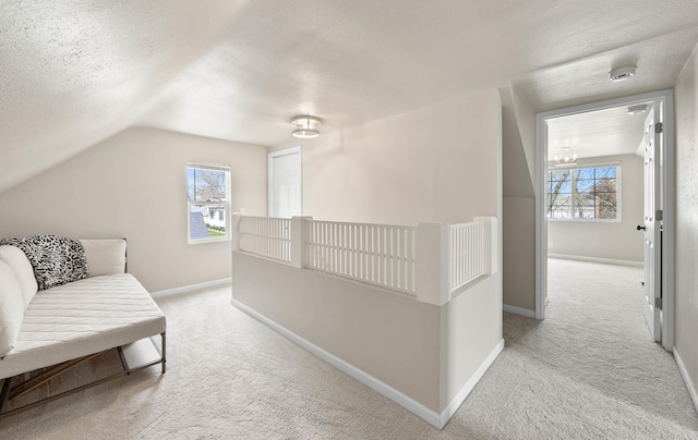 112 E Page St, Elkhorn, WI 53121 - interior space featuring baseboards, a textured ceiling, carpet, and lofted ceiling
