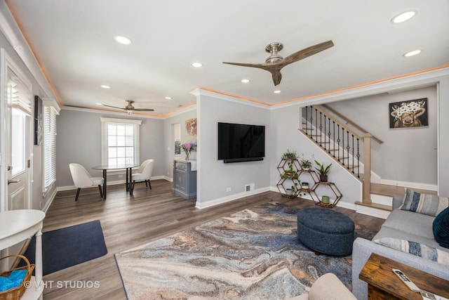 3917 Home Ave, Stickney, IL 60402 - living area with a ceiling fan, stairs, recessed lighting, ornamental molding, and baseboards